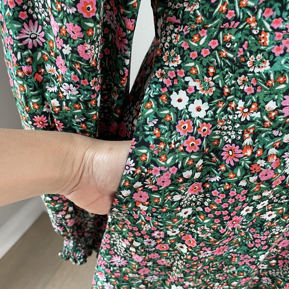 Uniqlo Dress Womens Small Green Floral V Neck Fit Flare Long Sleeve Pockets - Picture 7 of 11